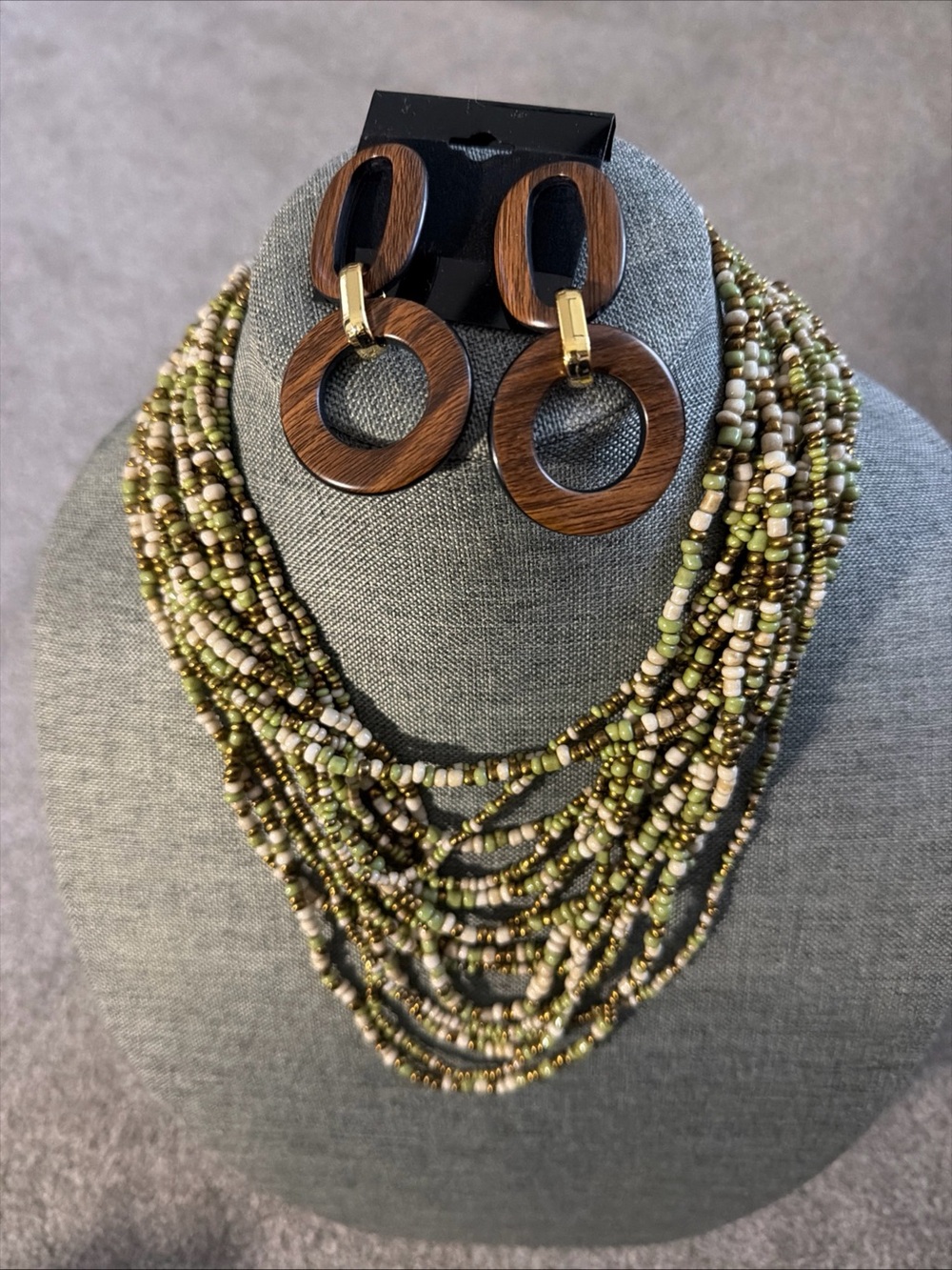 Multistrand Olive and Cream Seed Bead Necklace with Wood Hoop Earrings